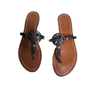 Tory Burch Mini Miller Black Leather Logo Thong Flat Sandal Resort Minimalist 9